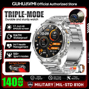 Smartwatch with features highlighted on a promotional graphic, including water resistance and health monitoring.