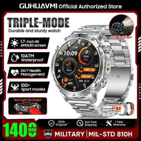 Smartwatch with features highlighted on a promotional graphic, including water resistance and health monitoring.