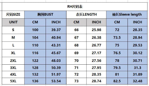 RHR尺码表 with size chart for chest, bust, sleeve length, and arm length measurements.