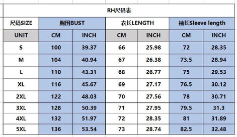 RHR尺码表 with size chart for chest, bust, sleeve length, and arm length measurements.