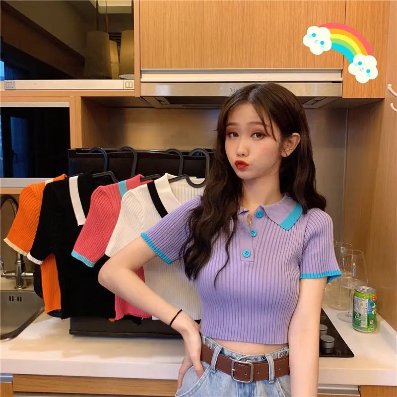 Women's Polo Shirts Sexy Crop Top Button Female Tee Knitted Slim with T-shirts Collar Korean Clothing Pulovers Trend 2025 Summer