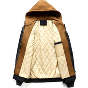 Brown and beige quilted jacket on a white background