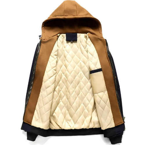 Brown and beige quilted jacket on a white background