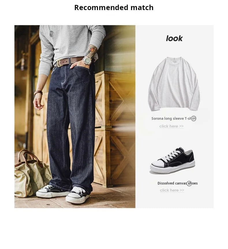 Person wearing a gray sweater, blue jeans, and black sneakers with text and product images on the right.