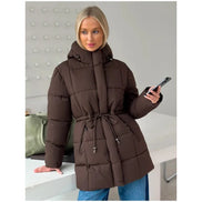 Brown Hooded Quilted Cotton Jacket Fashion Waist Cinch Drawstring Zip Pocket Warm Coat 2026 Women's Winter Casual Street Outfit
