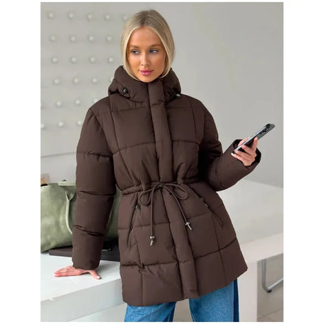 Brown Hooded Quilted Cotton Jacket Fashion Waist Cinch Drawstring Zip Pocket Warm Coat 2026 Women's Winter Casual Street Outfit