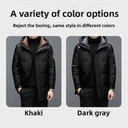 A promotional graphic showing two views of the same puffer jacket worn by a cropped male model, labeled 'Khaki' and 'Dark gray' under a heading that says 'A variety of color options.' 