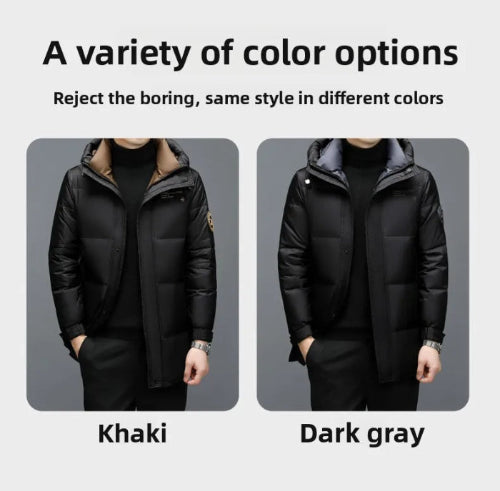 A promotional graphic showing two views of the same puffer jacket worn by a cropped male model, labeled 'Khaki' and 'Dark gray' under a heading that says 'A variety of color options.' 