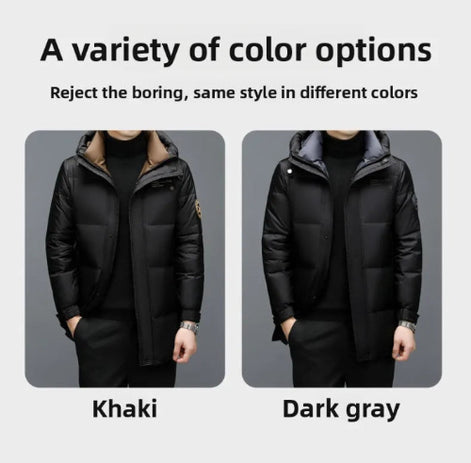 A promotional graphic showing two views of the same puffer jacket worn by a cropped male model, labeled 'Khaki' and 'Dark gray' under a heading that says 'A variety of color options.' 