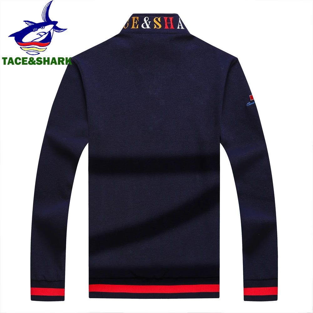 TACE&SHARK Fashion Men‘s Shark Embroidery Long Sleeve Polo Shirt Cotton Casual Wear Business Solid Color Tops