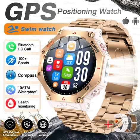 Gold smartwatch with GPS and multiple features displayed on a rocky background