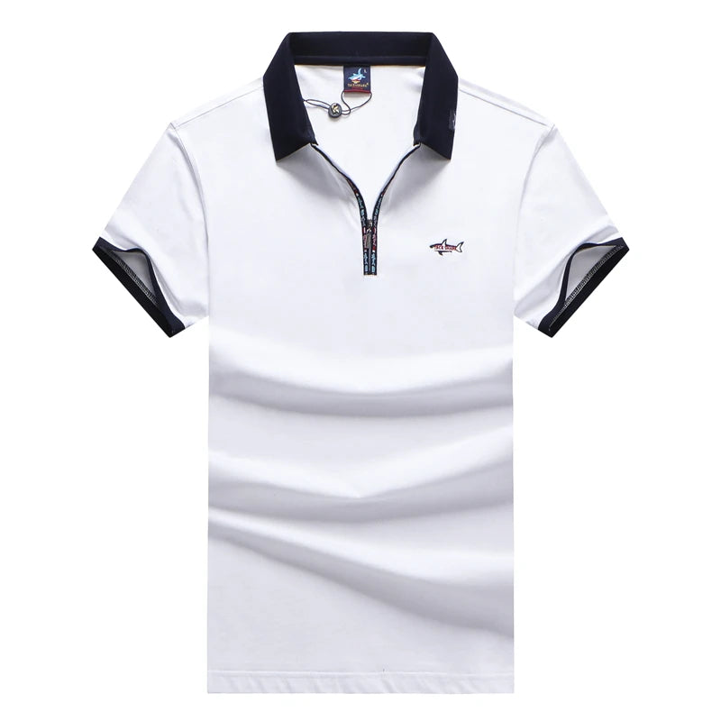 White polo shirt with black collar and sleeves on a white background
