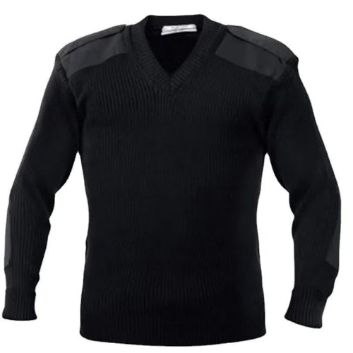 Black sweater with shoulder pads on a white background