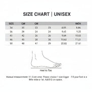 Foot measurement chart for Yang Hui Unisex shoes with size chart and foot length guide.