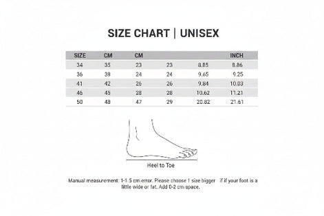 Foot measurement chart for Yang Hui Unisex shoes with size chart and foot length guide.