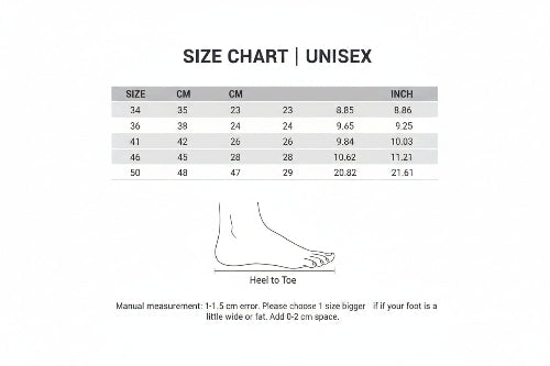 Foot measurement chart for Yang Hui Unisex shoes with size chart and foot length guide.