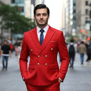 Red suit with gold buttons on a white background