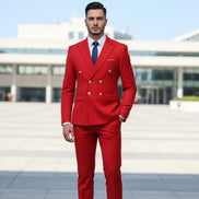 Red suit with gold buttons on a white background