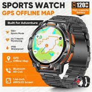 Black sports watch with a metal link band, orange accents, and a round display showing a map. 