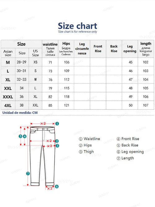 Size chart for pants with measurements in centimeters and inches