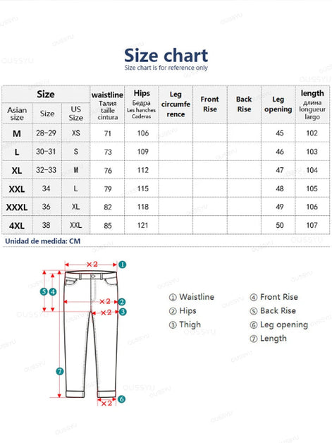 Size chart for pants with measurements in centimeters and inches