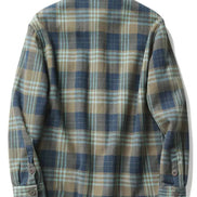 A long-sleeve plaid button-up shirt shown from the back, featuring a pattern of blue, beige, and light green stripes, displayed on a hanger against a white background.