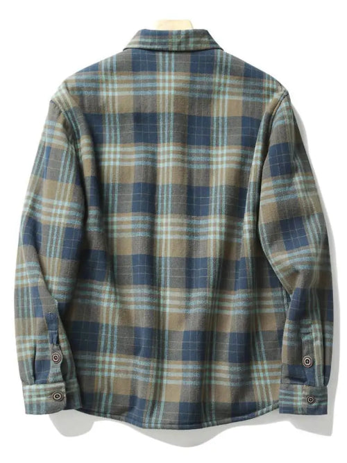 A long-sleeve plaid button-up shirt shown from the back, featuring a pattern of blue, beige, and light green stripes, displayed on a hanger against a white background.