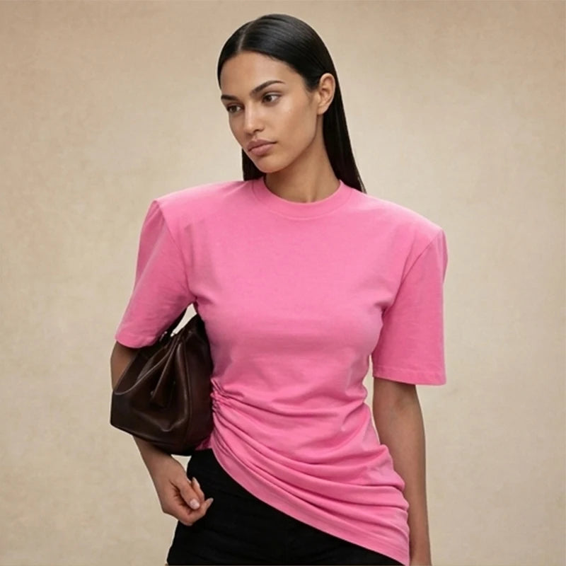Versatile Regular-shoulder T-shirts Women Casual White Round Neck Irregular Hem Pleated Short Top Summer Lady Street Wear New