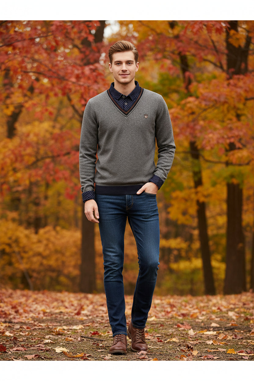 Gray sweater with navy collar and flame graphic on a white background