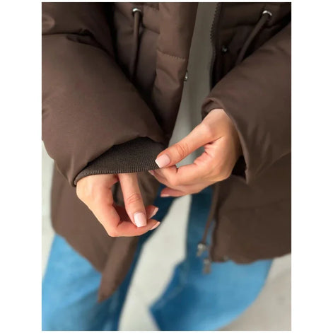 Brown Hooded Quilted Cotton Jacket Fashion Waist Cinch Drawstring Zip Pocket Warm Coat 2026 Women's Winter Casual Street Outfit