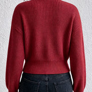 A person shown from the back wearing a ribbed knit long-sleeve sweater in a deep red or burgundy tone, 