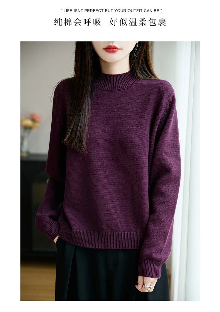 100% Pure Cotton Women's Knitted Sweater Solid Color Round Neck Pullover Loose Cotton Sweater Autumn and Winter New Women's Top