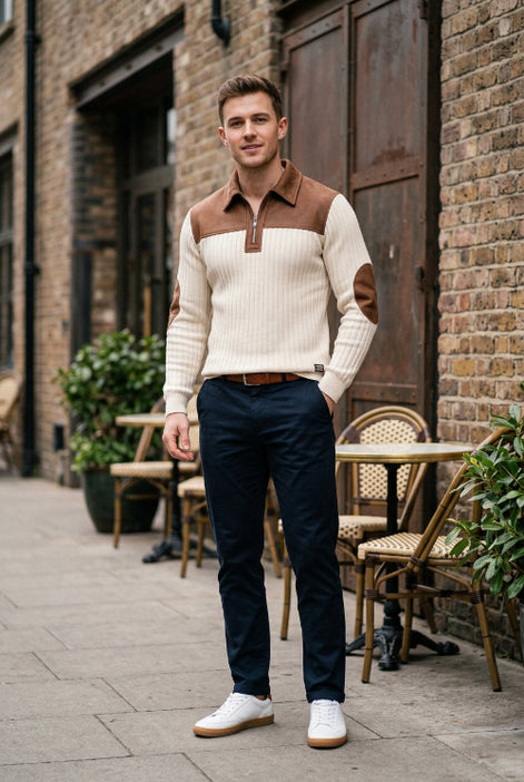 White sweater with brown accents on a white background