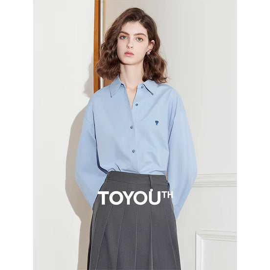 TOYOUTH Women Blouse Shirt 2025 Spring New Love Embroidered Simple and Versatile Solid Color Pure Cotton Shirt Tops