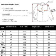 Measurement chart for shirts with shoulder, bust, length, and sleeve dimensions.