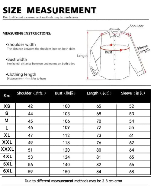 Measurement chart for shirts with shoulder, bust, length, and sleeve dimensions.
