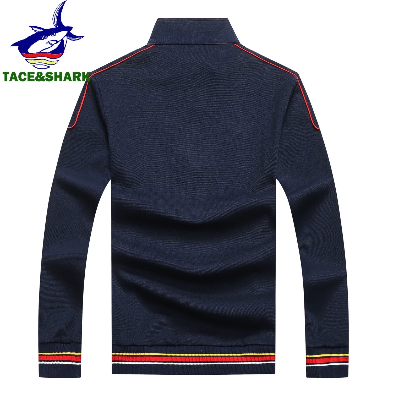 Navy blue long-sleeve shirt with red and white striped cuffs and hem on a white background, featuring Tace & Shark logo.