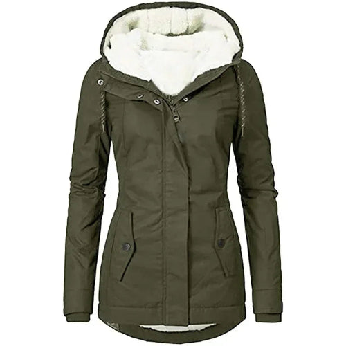 Front view of an army green hooded zip-up jacket with white fleece-look lining, drawstrings and buttoned front pockets against a white background⠋
