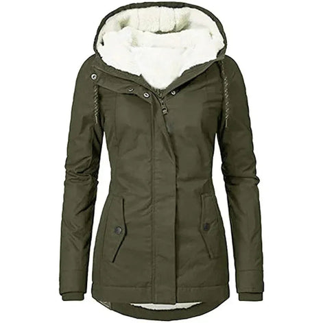 Front view of an army green hooded zip-up jacket with white fleece-look lining, drawstrings and buttoned front pockets against a white background⠋