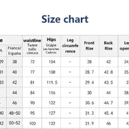 A size chart table with columns for size, manufacturer size, USA, France/Spain, waistline, hips, leg circumference, front rise, back rise, leg opening, and length, titled 'Size chart'.