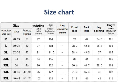 A size chart table with columns for size, manufacturer size, USA, France/Spain, waistline, hips, leg circumference, front rise, back rise, leg opening, and length, titled 'Size chart'.
