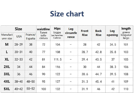 A size chart table with columns for size, manufacturer size, USA, France/Spain, waistline, hips, leg circumference, front rise, back rise, leg opening, and length, titled 'Size chart'.