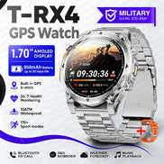 A silver stainless steel T-RX4 GPS watch with a round analog-digital display, shown on a white background 