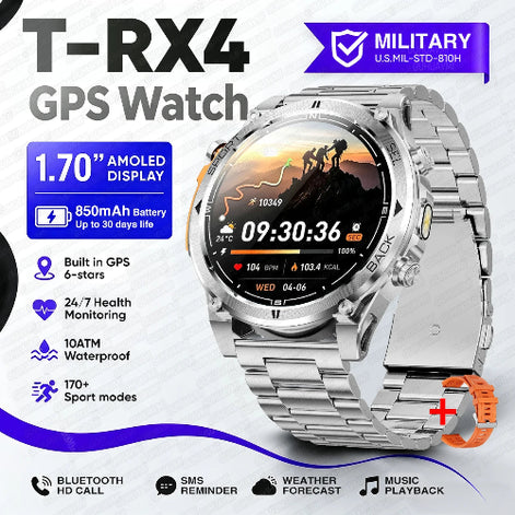 A silver stainless steel T-RX4 GPS watch with a round analog-digital display, shown on a white background 