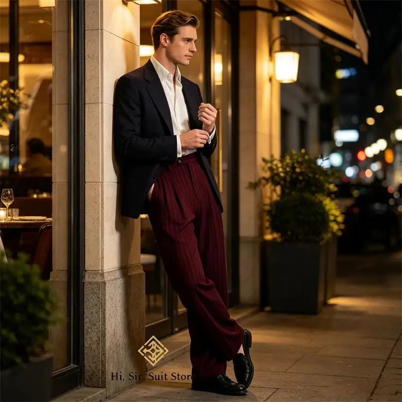 Men's Striped Dress Pants Old Money Wide Leg Baggy Pleated Casual Pinstriped Trousers Loose Fit Elastic Waist Vintage Slacks