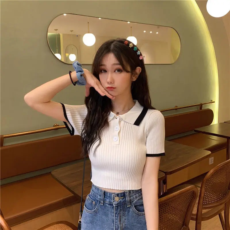 Women's Polo Shirts Sexy Crop Top Button Female Tee Knitted Slim with T-shirts Collar Korean Clothing Pulovers Trend 2025 Summer