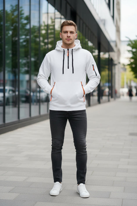 White hoodie with black and orange zippers on a white background