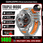 Smartwatch with orange and gray band on a promotional poster for GUHUAVMI.
