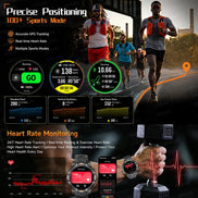 A promotional infographic for a smartwatch fitness tracker, showing multiple runners wearing the device in outdoor scenes, 