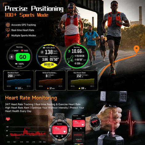 A promotional infographic for a smartwatch fitness tracker, showing multiple runners wearing the device in outdoor scenes, 